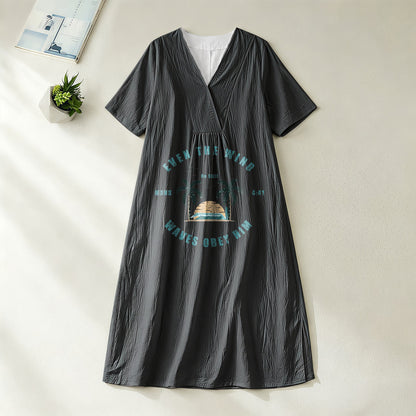 Christianartworkshop Coastal Faith Verse Palm Tree & Sunset Graphic V-Neck Short Sleeve Midi Dress