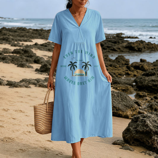 Christianartworkshop Coastal Faith Verse Palm Tree & Sunset Graphic V-Neck Short Sleeve Midi Dress