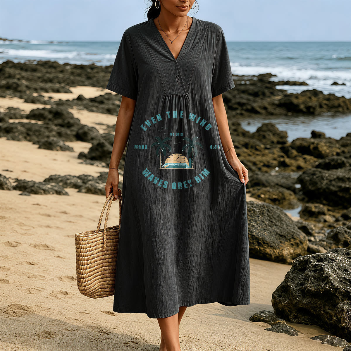 Christianartworkshop Coastal Faith Verse Palm Tree & Sunset Graphic V-Neck Short Sleeve Midi Dress