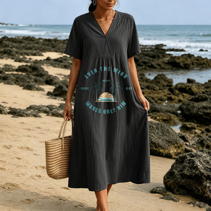 Christianartworkshop Coastal Faith Verse Palm Tree & Sunset Graphic V-Neck Short Sleeve Midi Dress