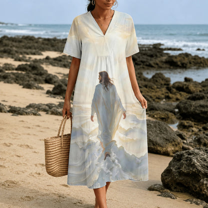 Christianartworkshop Faithful "Jesus Walks On Water" Scenic V-Neck Short Sleeve Midi Dress