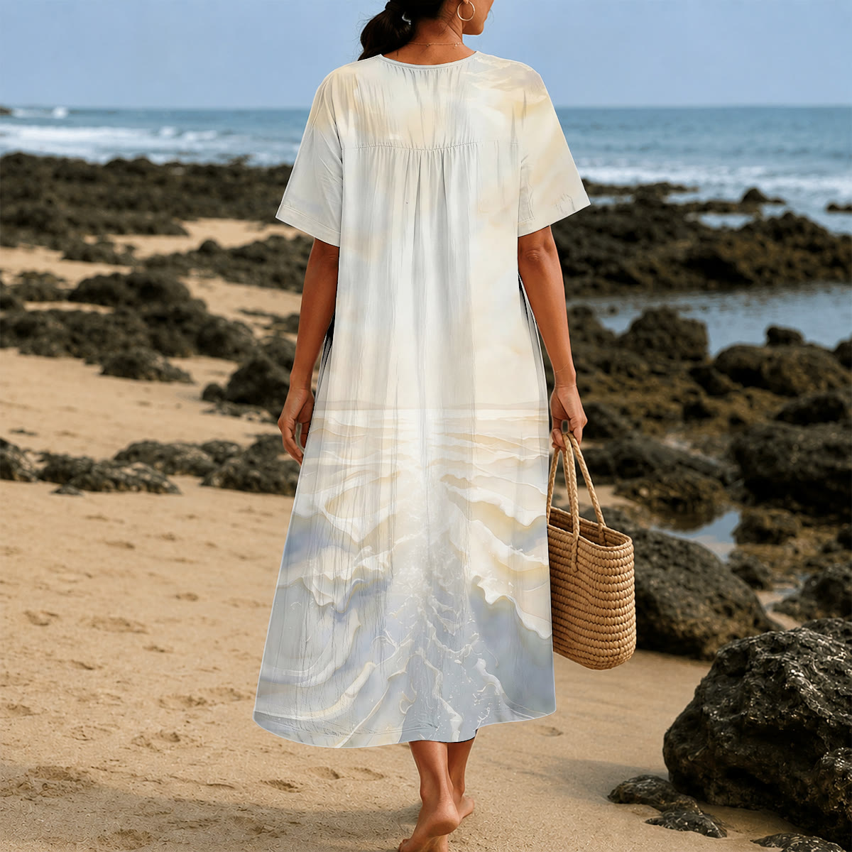 Christianartworkshop Faithful "Jesus Walks On Water" Scenic V-Neck Short Sleeve Midi Dress