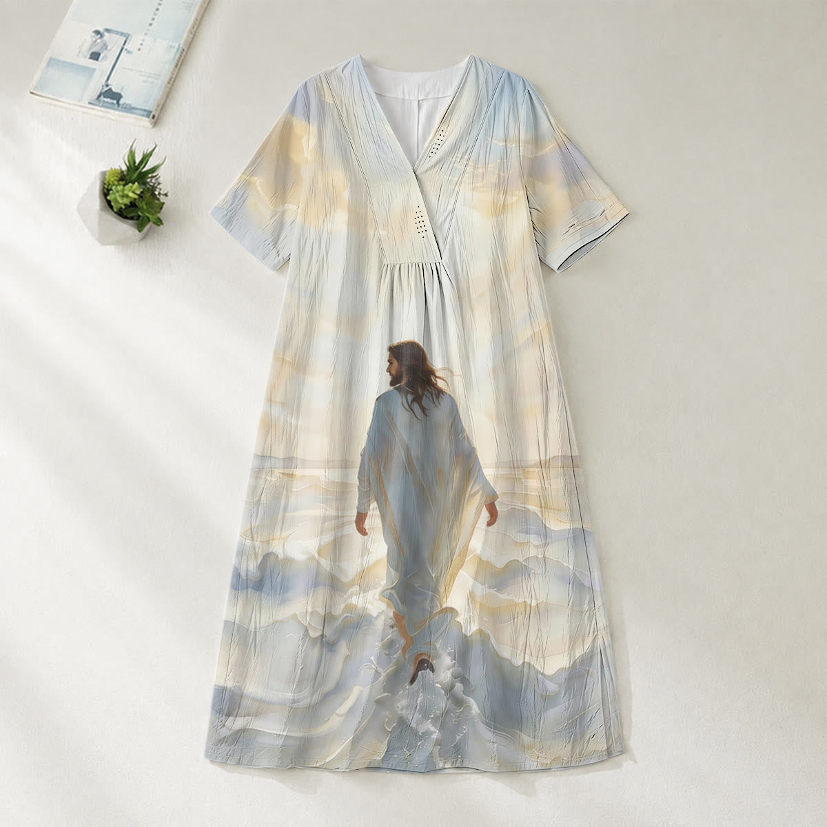 Christianartworkshop Faithful "Jesus Walks On Water" Scenic V-Neck Short Sleeve Midi Dress