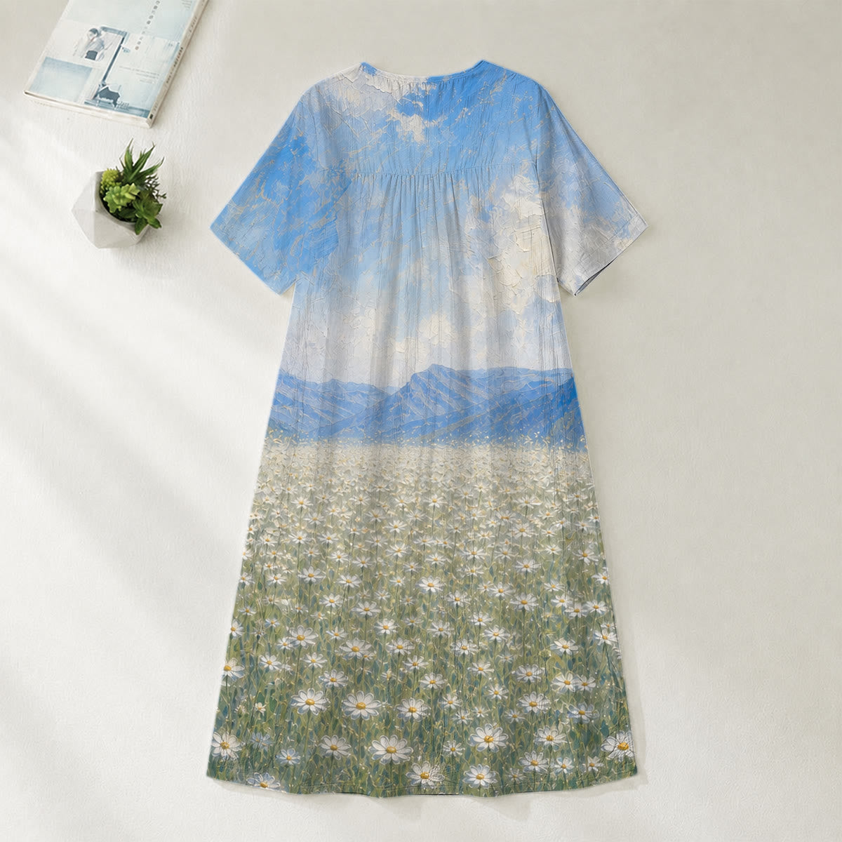 Christianartworkshop Jesus Hugging Child In Daisy Field Art Print V-Neck Short Sleeve Midi Dress