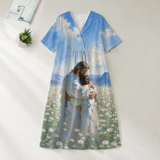 Christianartworkshop Jesus Hugging Child In Daisy Field Art Print V-Neck Short Sleeve Midi Dress