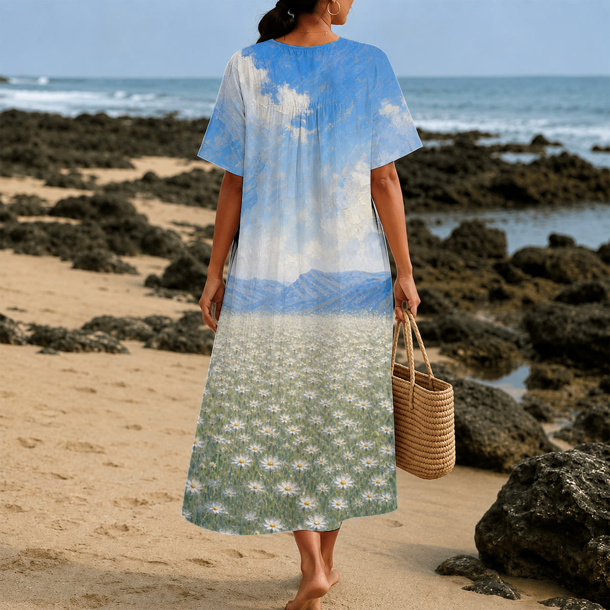 Christianartworkshop Jesus Hugging Child In Daisy Field Art Print V-Neck Short Sleeve Midi Dress
