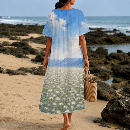 Christianartworkshop Jesus Hugging Child In Daisy Field Art Print V-Neck Short Sleeve Midi Dress