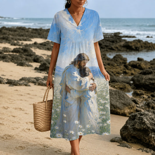 Christianartworkshop Jesus Hugging Child In Daisy Field Art Print V-Neck Short Sleeve Midi Dress
