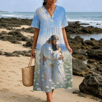 Christianartworkshop Jesus Hugging Child In Daisy Field Art Print V-Neck Short Sleeve Midi Dress