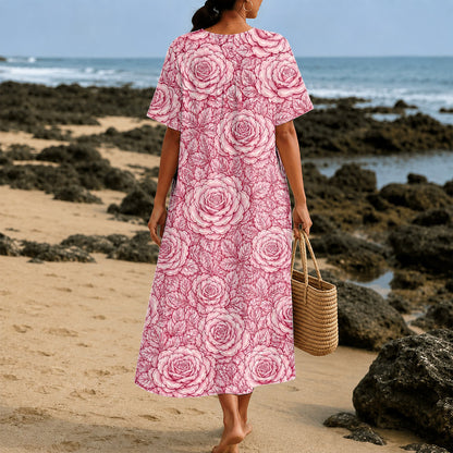 Christianartworkshop "Our Lady of Guadalupe" & Roses Devotional V-Neck Short Sleeve Midi Dress