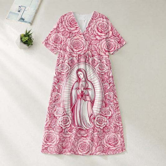 Christianartworkshop "Our Lady of Guadalupe" & Roses Devotional V-Neck Short Sleeve Midi Dress