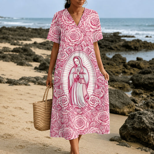 Christianartworkshop "Our Lady of Guadalupe" & Roses Devotional V-Neck Short Sleeve Midi Dress
