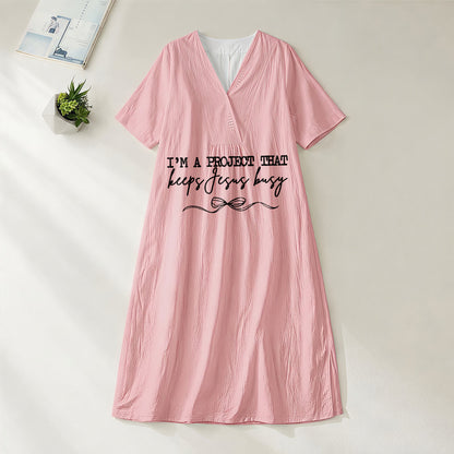 Christianartworkshop "I'm A Project That Keeps Jesus Busy" Bow Detail V-Neck Short Sleeve Midi Dress