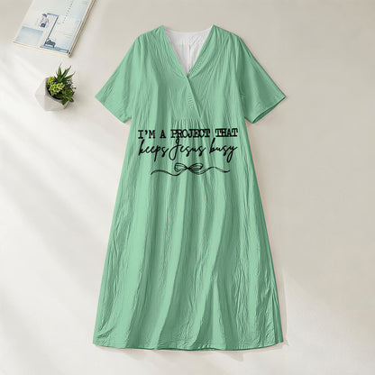 Christianartworkshop "I'm A Project That Keeps Jesus Busy" Bow Detail V-Neck Short Sleeve Midi Dress