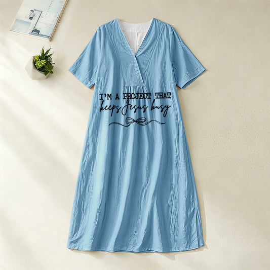 Christianartworkshop "I'm A Project That Keeps Jesus Busy" Bow Detail V-Neck Short Sleeve Midi Dress