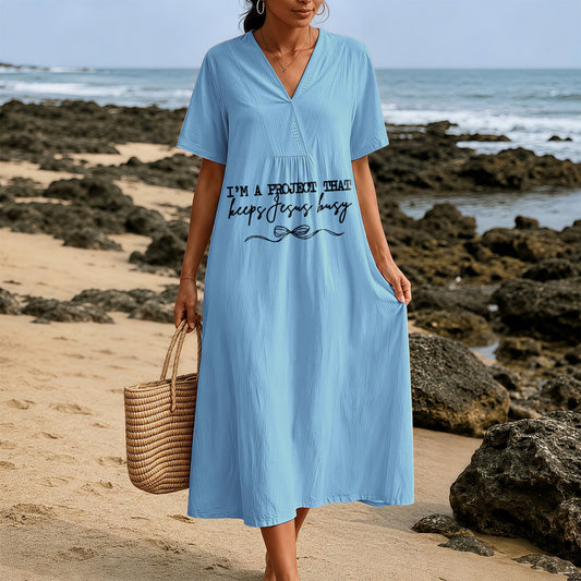 Christianartworkshop "I'm A Project That Keeps Jesus Busy" Bow Detail V-Neck Short Sleeve Midi Dress