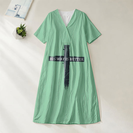 Christianartworkshop "His Way Is Better" Vintage Cross Print V-Neck Short Sleeve Midi Dress