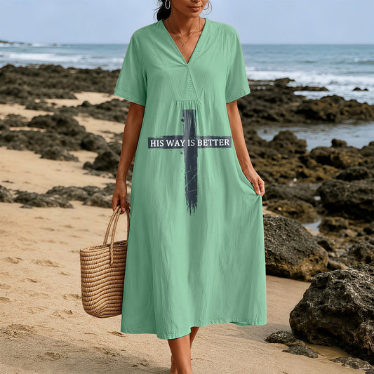 Christianartworkshop "His Way Is Better" Vintage Cross Print V-Neck Short Sleeve Midi Dress