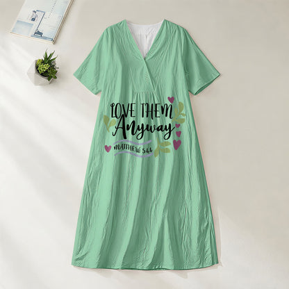 Christianartworkshop "Love Them Anyway" Matthew 5:44 Heart Leaf Print V-Neck Short Sleeve Midi Dress