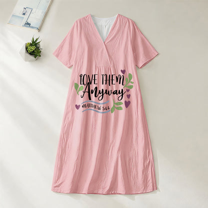 Christianartworkshop "Love Them Anyway" Matthew 5:44 Heart Leaf Print V-Neck Short Sleeve Midi Dress