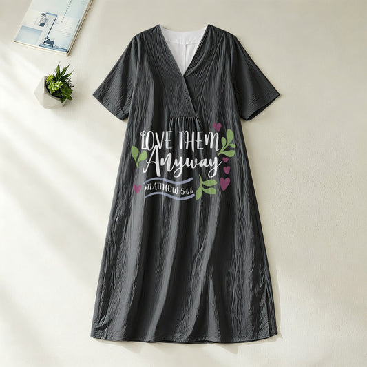 Christianartworkshop "Love Them Anyway" Matthew 5:44 Heart Leaf Print V-Neck Short Sleeve Midi Dress