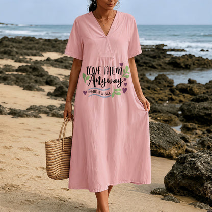 Christianartworkshop "Love Them Anyway" Matthew 5:44 Heart Leaf Print V-Neck Short Sleeve Midi Dress