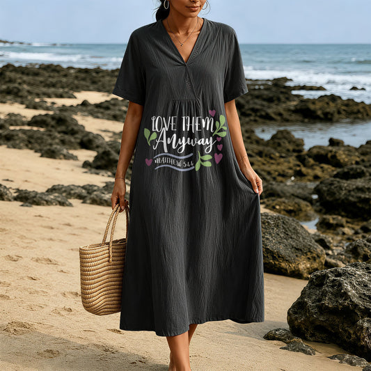 Christianartworkshop "Love Them Anyway" Matthew 5:44 Heart Leaf Print V-Neck Short Sleeve Midi Dress