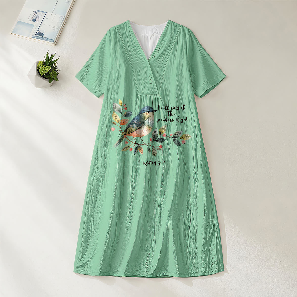 Christianartworkshop "I Will Sing Of The Goodness Of God" Psalm 89:1 Bird Branch Print V-Neck Short Sleeve Midi Dress