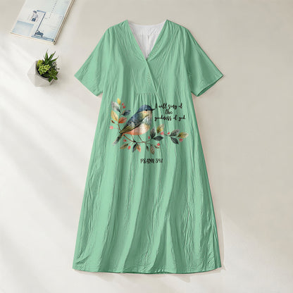 Christianartworkshop "I Will Sing Of The Goodness Of God" Psalm 89:1 Bird Branch Print V-Neck Short Sleeve Midi Dress