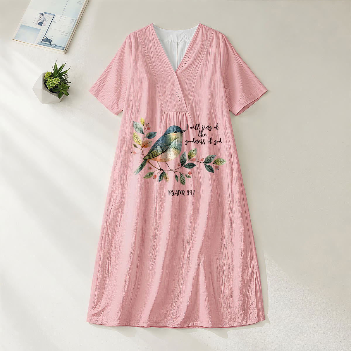 Christianartworkshop "I Will Sing Of The Goodness Of God" Psalm 89:1 Bird Branch Print V-Neck Short Sleeve Midi Dress
