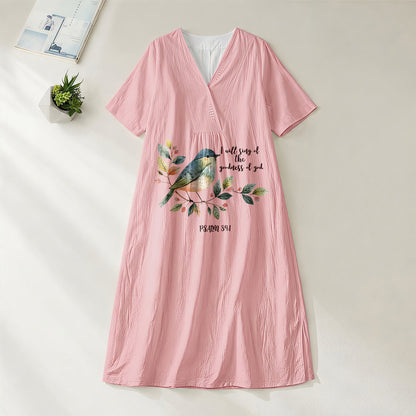 Christianartworkshop "I Will Sing Of The Goodness Of God" Psalm 89:1 Bird Branch Print V-Neck Short Sleeve Midi Dress