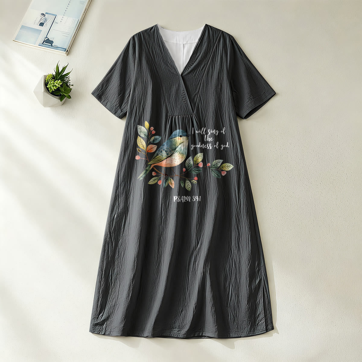 Christianartworkshop "I Will Sing Of The Goodness Of God" Psalm 89:1 Bird Branch Print V-Neck Short Sleeve Midi Dress