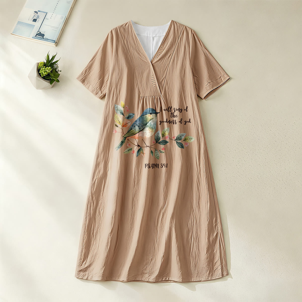 Christianartworkshop "I Will Sing Of The Goodness Of God" Psalm 89:1 Bird Branch Print V-Neck Short Sleeve Midi Dress