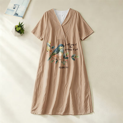 Christianartworkshop "I Will Sing Of The Goodness Of God" Psalm 89:1 Bird Branch Print V-Neck Short Sleeve Midi Dress