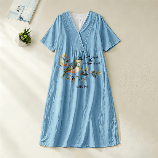 Christianartworkshop "I Will Sing Of The Goodness Of God" Psalm 89:1 Bird Branch Print V-Neck Short Sleeve Midi Dress