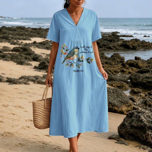 Christianartworkshop "I Will Sing Of The Goodness Of God" Psalm 89:1 Bird Branch Print V-Neck Short Sleeve Midi Dress