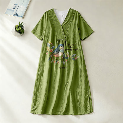 Christianartworkshop "I Will Sing Of The Goodness Of God" Psalm 89:1 Bird Branch Print V-Neck Short Sleeve Midi Dress