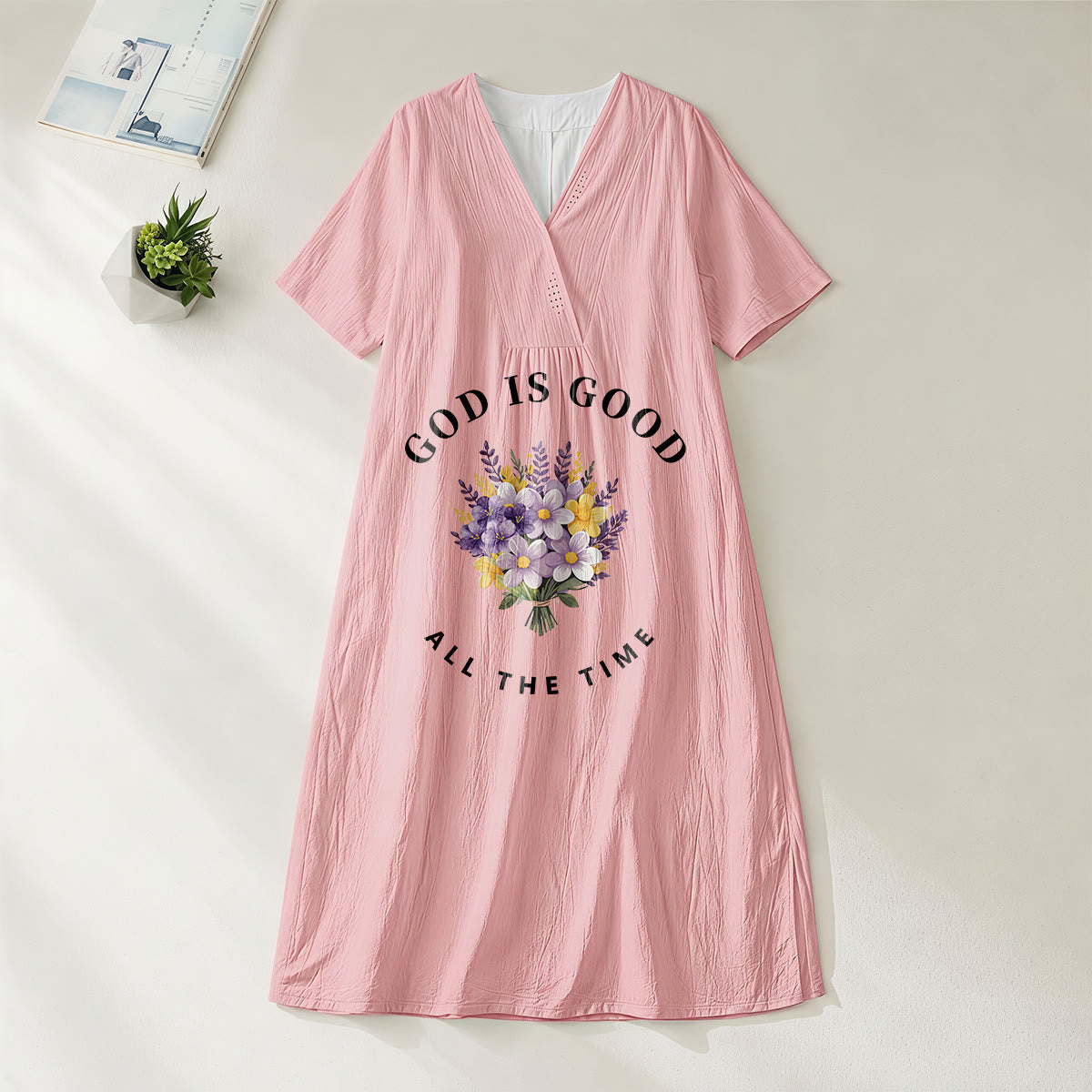 Christianartworkshop "God Is Good All The Time" Floral Bouquet Print V-Neck Short Sleeve Midi Dress