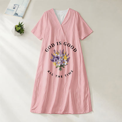 Christianartworkshop "God Is Good All The Time" Floral Bouquet Print V-Neck Short Sleeve Midi Dress