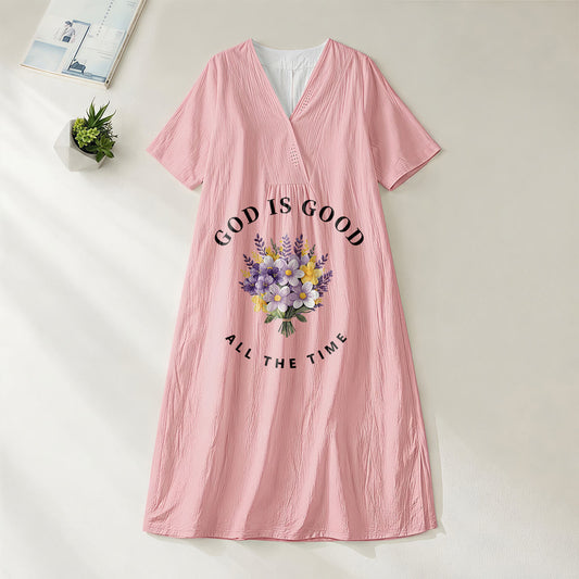 Christianartworkshop "God Is Good All The Time" Floral Bouquet Print V-Neck Short Sleeve Midi Dress