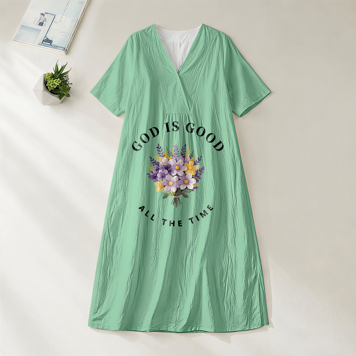 Christianartworkshop "God Is Good All The Time" Floral Bouquet Print V-Neck Short Sleeve Midi Dress