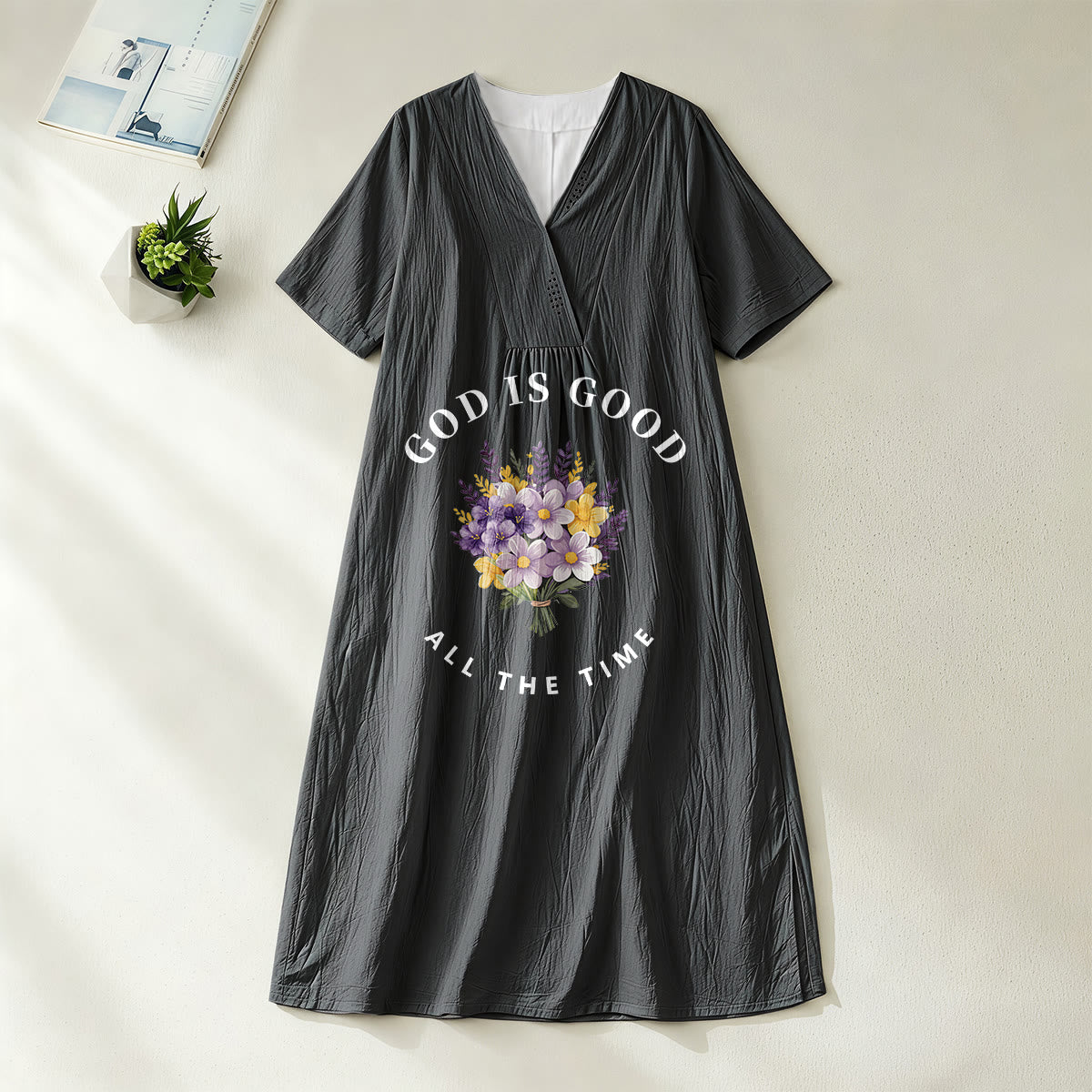 Christianartworkshop "God Is Good All The Time" Floral Bouquet Print V-Neck Short Sleeve Midi Dress
