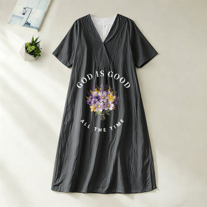 Christianartworkshop "God Is Good All The Time" Floral Bouquet Print V-Neck Short Sleeve Midi Dress
