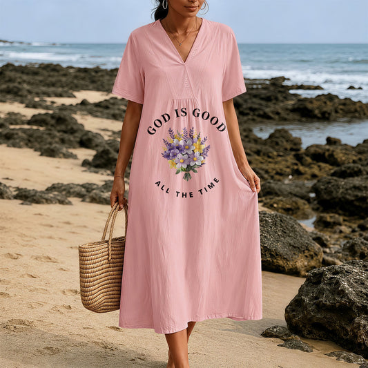 Christianartworkshop "God Is Good All The Time" Floral Bouquet Print V-Neck Short Sleeve Midi Dress