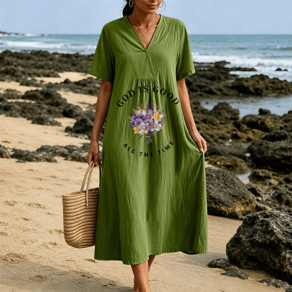 Christianartworkshop "God Is Good All The Time" Floral Bouquet Print V-Neck Short Sleeve Midi Dress