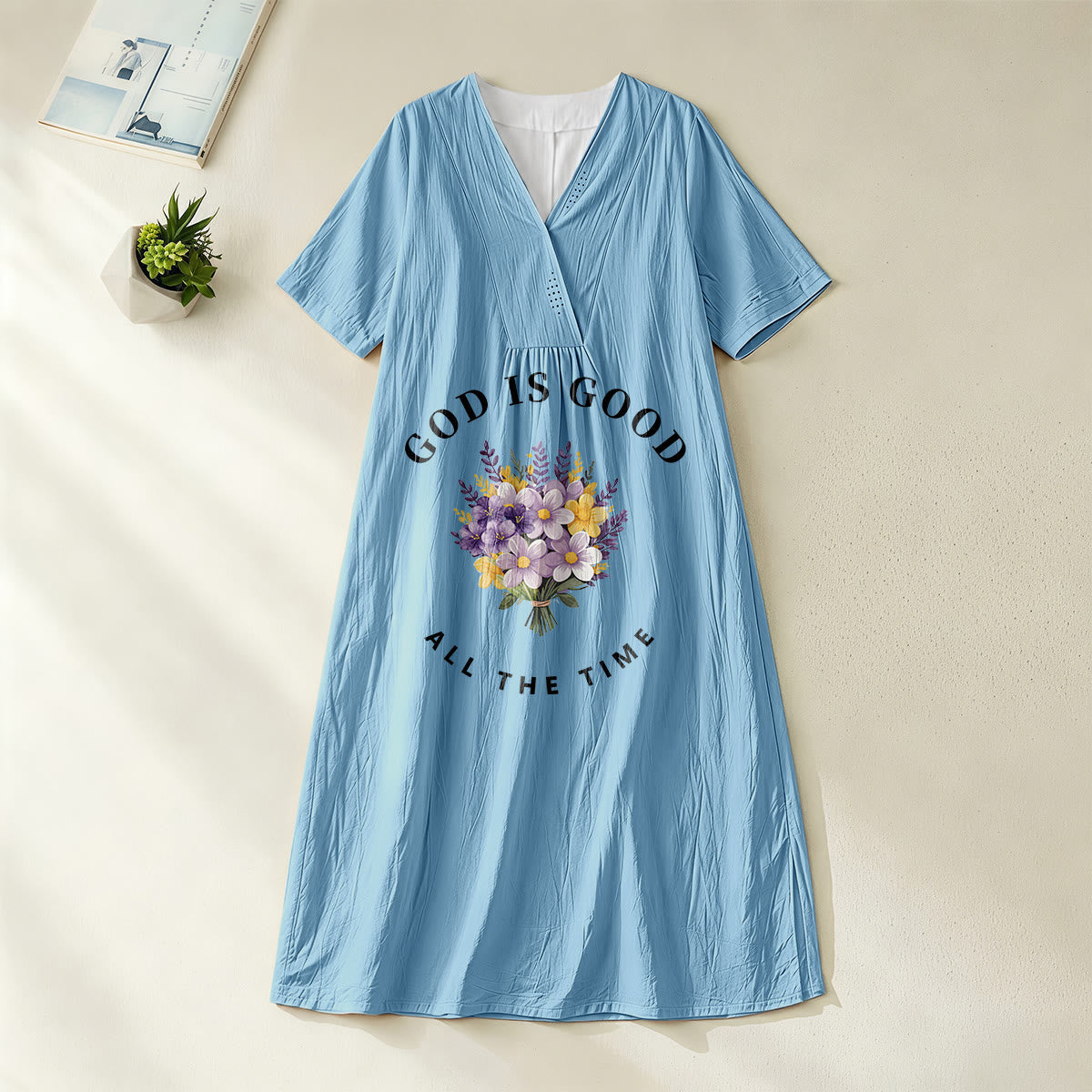 Christianartworkshop "God Is Good All The Time" Floral Bouquet Print V-Neck Short Sleeve Midi Dress