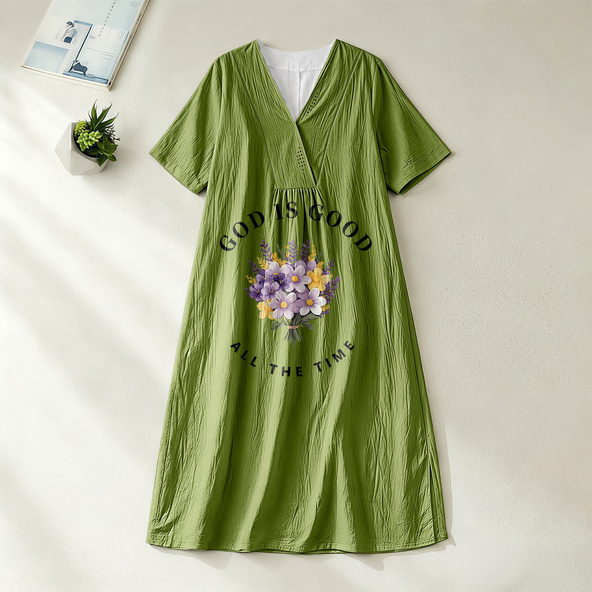 Christianartworkshop "God Is Good All The Time" Floral Bouquet Print V-Neck Short Sleeve Midi Dress