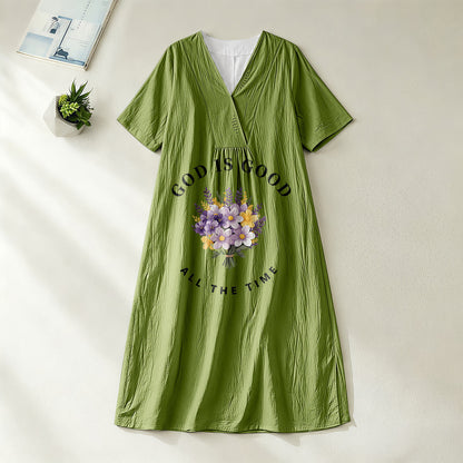 Christianartworkshop "God Is Good All The Time" Floral Bouquet Print V-Neck Short Sleeve Midi Dress