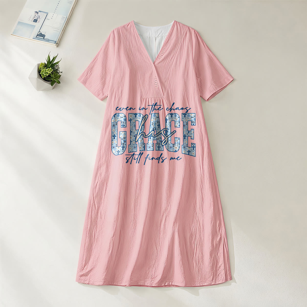 Christianartworkshop Classic "His Grace Still Finds Me" Plaid Print V-Neck Loose Midi Dress