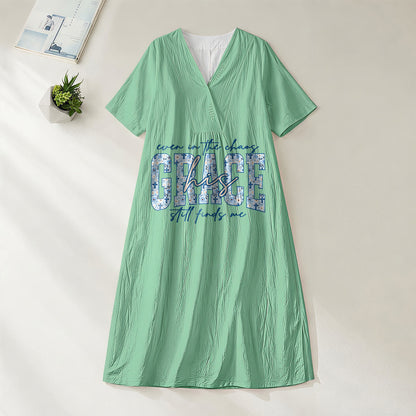 Christianartworkshop Classic "His Grace Still Finds Me" Plaid Print V-Neck Loose Midi Dress